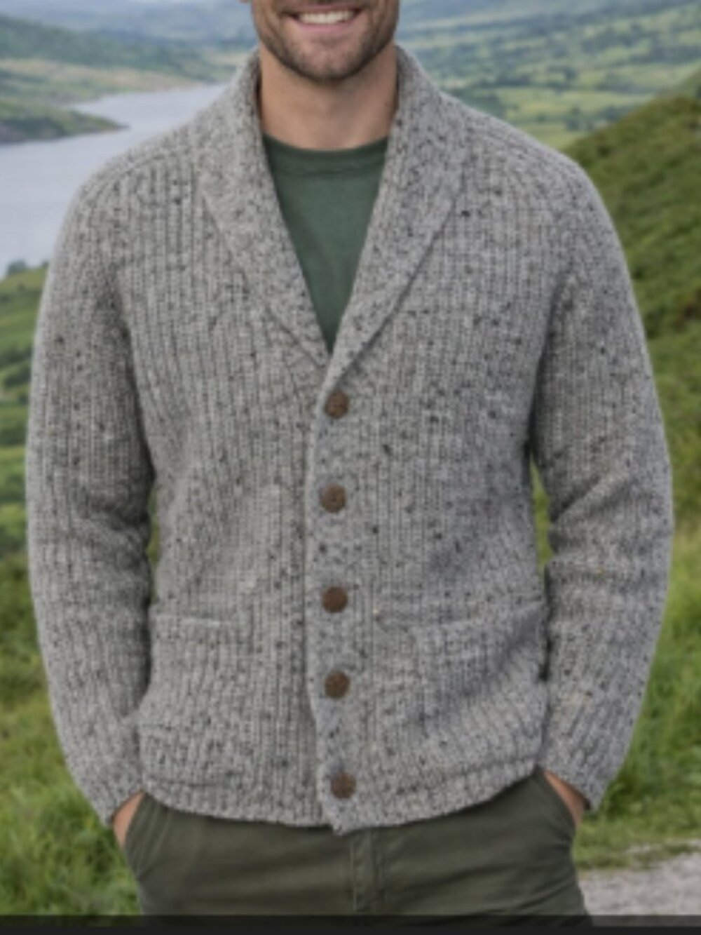 Fisherman Irish Merino Wool Men's Shawl Collar Cardigan Sweater Size XL Grey